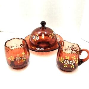 Jefferson Vintage Glass Amethyst Optic Enamel painted floral set 3 pieces